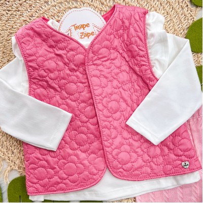 Conj. Colete Puffer Flores, Blusa Raposa Fadinha e Calça Legging - Pink e Off White